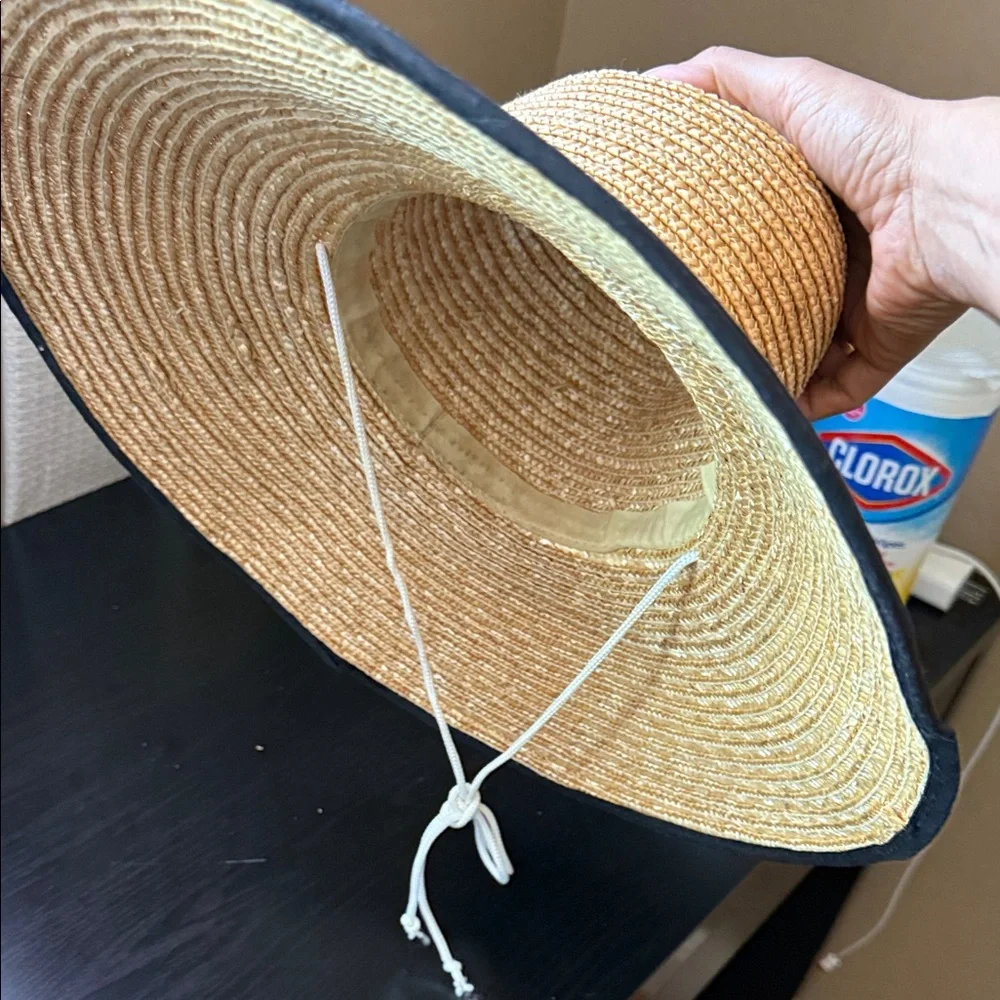 Natural Straw Wide Brim Hat with Black Trim and tie unisex